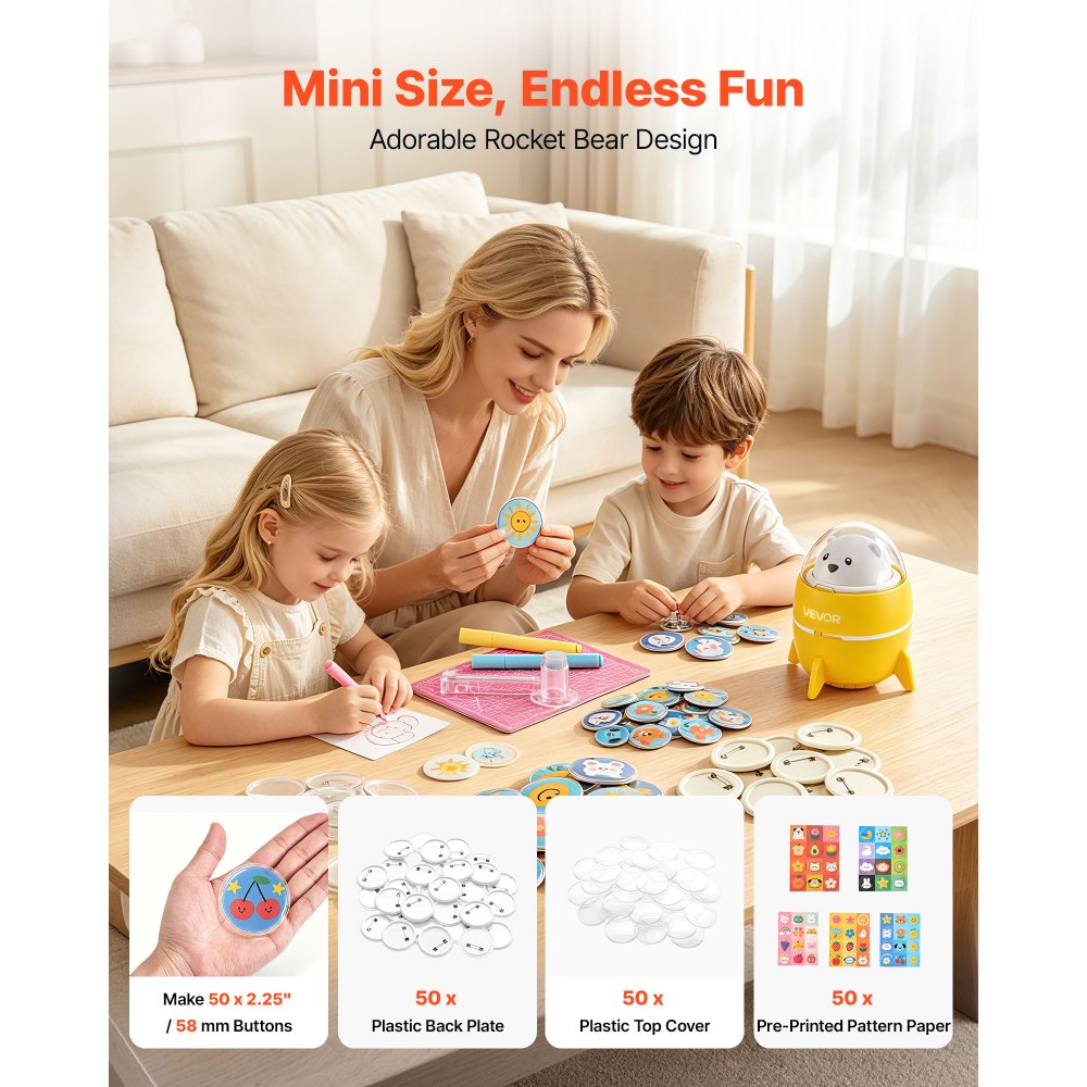 VEVOR Button Maker Machine, 2.25" / 58 mm, Plastic Pin Badge Maker with 50pcs Button Parts and Pre-Printed Pattern