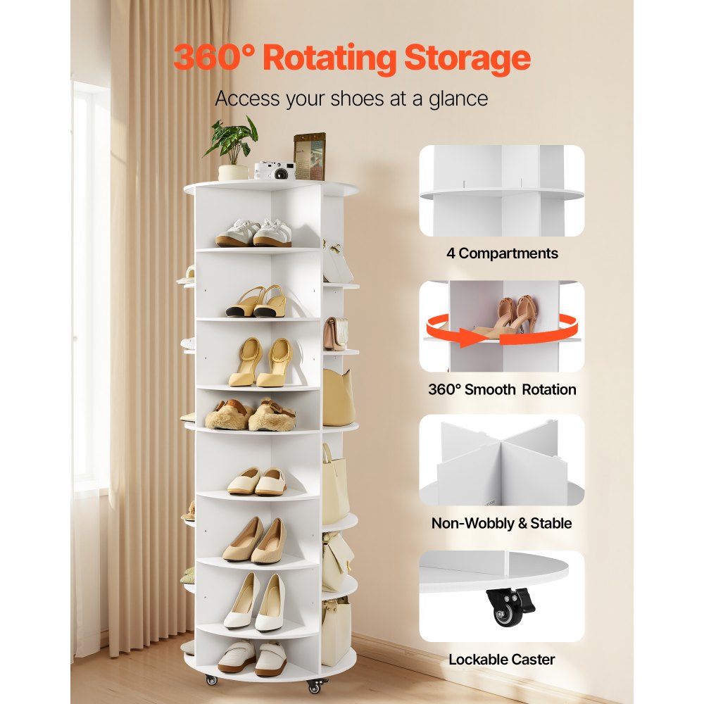 VEVOR 7 Tier Rotating Shoe Rack Tower with Adjustable Shelves, Movable 360° Spinning Carousel Display with Wheels, Lazy
