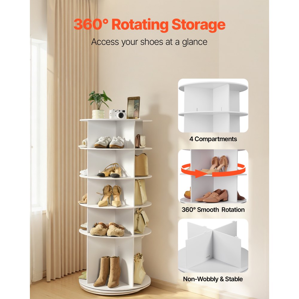 VEVOR 5 Tiers Rotating Shoe Rack Tower, 360° Spinning Shoe Rack, Revolving Storage Round Carousel Display, Freestanding