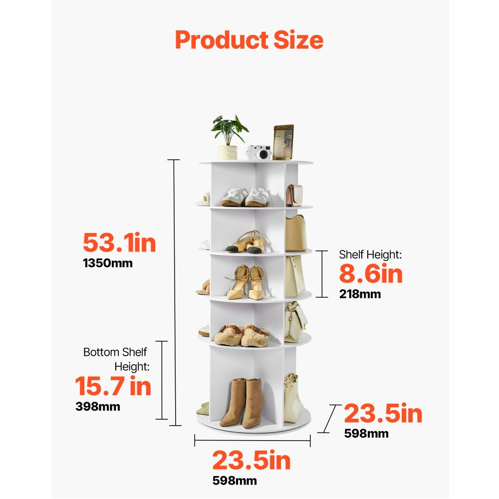 VEVOR 5 Tiers Rotating Shoe Rack Tower, 360° Spinning Shoe Rack, Revolving Storage Round Carousel Display, Freestanding