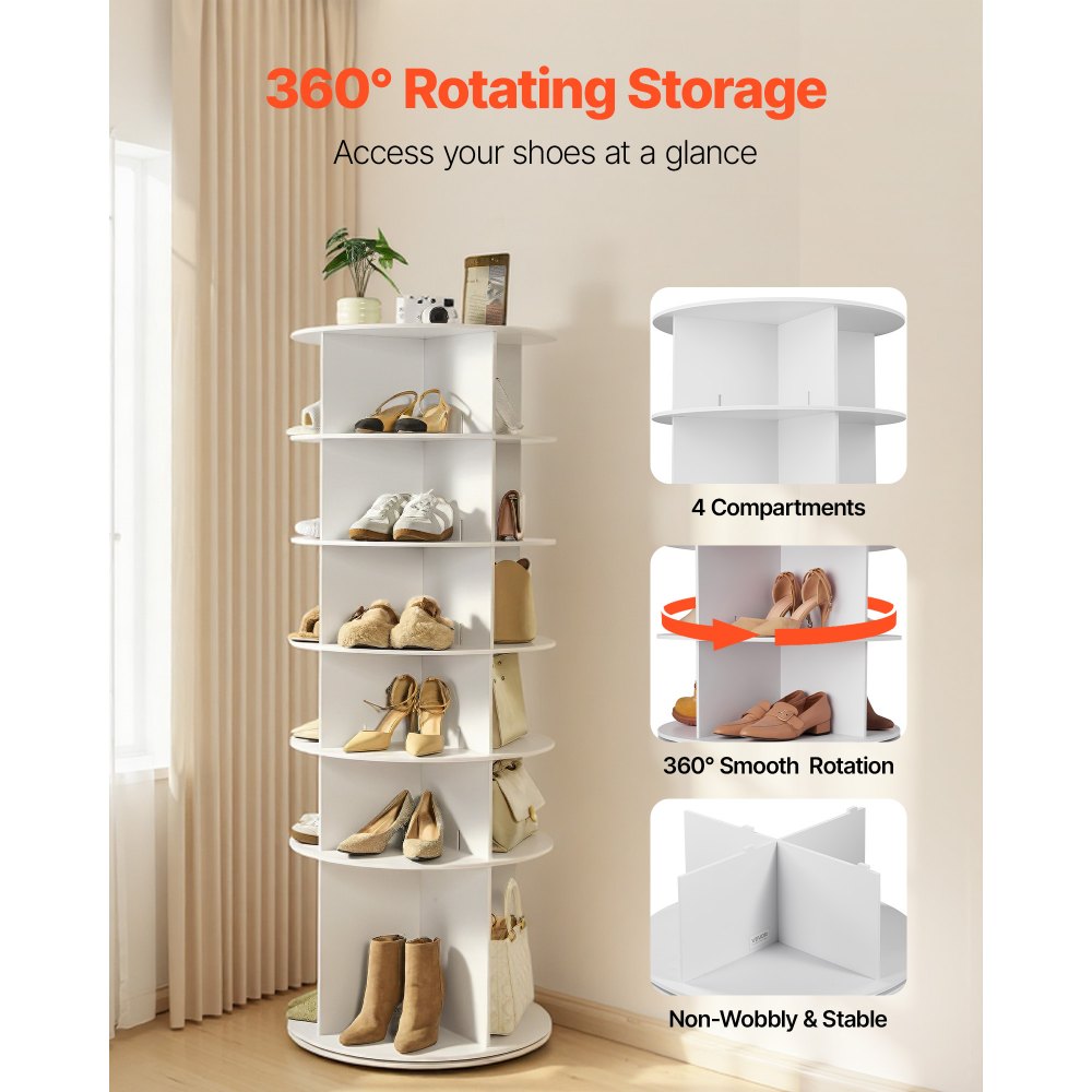 VEVOR 6 Tiers Rotating Shoe Rack Tower, 360° Spinning Shoe Rack, Revolving Storage Round Carousel Display, Freestanding