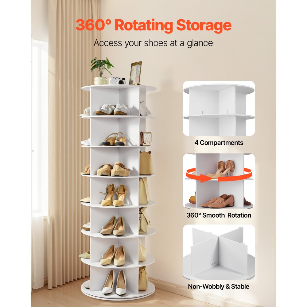 VEVOR 7 Tiers Rotating Shoe Rack Tower, 360° Spinning Shoe Rack, Revolving Storage Round Carousel Display, Freestanding