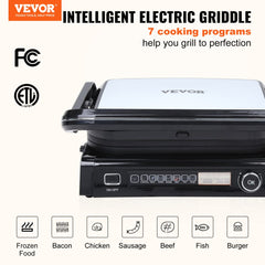 VEVOR 7 IN 1 Commercial Electric Griddle, 14.4" 1800W Indoor Countertop Grill, Stainless Steel Restaurant Teppanyaki