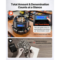 VEVOR USD Coin Counter & Coin Sorters with LCD Display, Coin Sorter Machine for USD Coin 1￠ 5￠ 10￠ 25￠ $1, Sorts up to