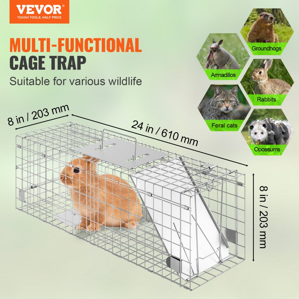 VEVOR Live Animal Cage Trap, 24" x 8" x 8" Humane Cat Trap Galvanized Iron, Folding Animal Trap with Handle for