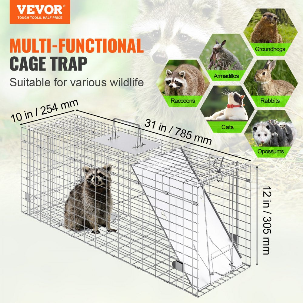 VEVOR Live Animal Cage Trap, 31" x 10" x 12" Humane Cat Trap Galvanized Iron, Folding Animal Trap with Handle for