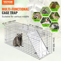 VEVOR Live Animal Cage Trap, 31" x 10" x 12" Humane Cat Trap Galvanized Iron, Folding Animal Trap with Handle for