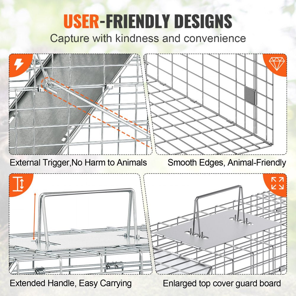 VEVOR Live Animal Cage Trap, 31" x 10" x 12" Humane Cat Trap Galvanized Iron, Folding Animal Trap with Handle for