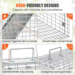 VEVOR Live Animal Cage Trap, 31" x 10" x 12" Humane Cat Trap Galvanized Iron, Folding Animal Trap with Handle for