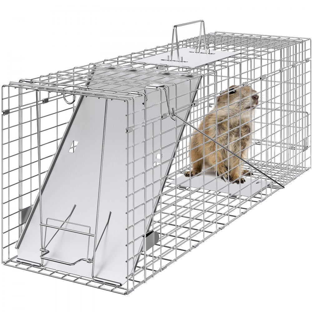 VEVOR Live Animal Cage Trap, 31" x 10" x 12" Humane Cat Trap Galvanized Iron, Folding Animal Trap with Handle for