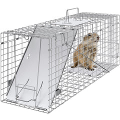 VEVOR Live Animal Cage Trap, 31" x 10" x 12" Humane Cat Trap Galvanized Iron, Folding Animal Trap with Handle for