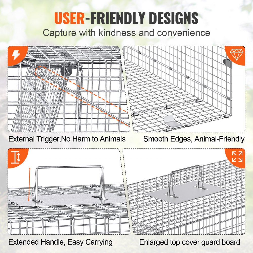 VEVOR Live Animal Cage Trap, 42" x 16" x 18" Humane Cat Trap Galvanized Iron, Folding Animal Trap with Handle for Stray