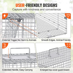 VEVOR Live Animal Cage Trap, 42" x 16" x 18" Humane Cat Trap Galvanized Iron, Folding Animal Trap with Handle for Stray