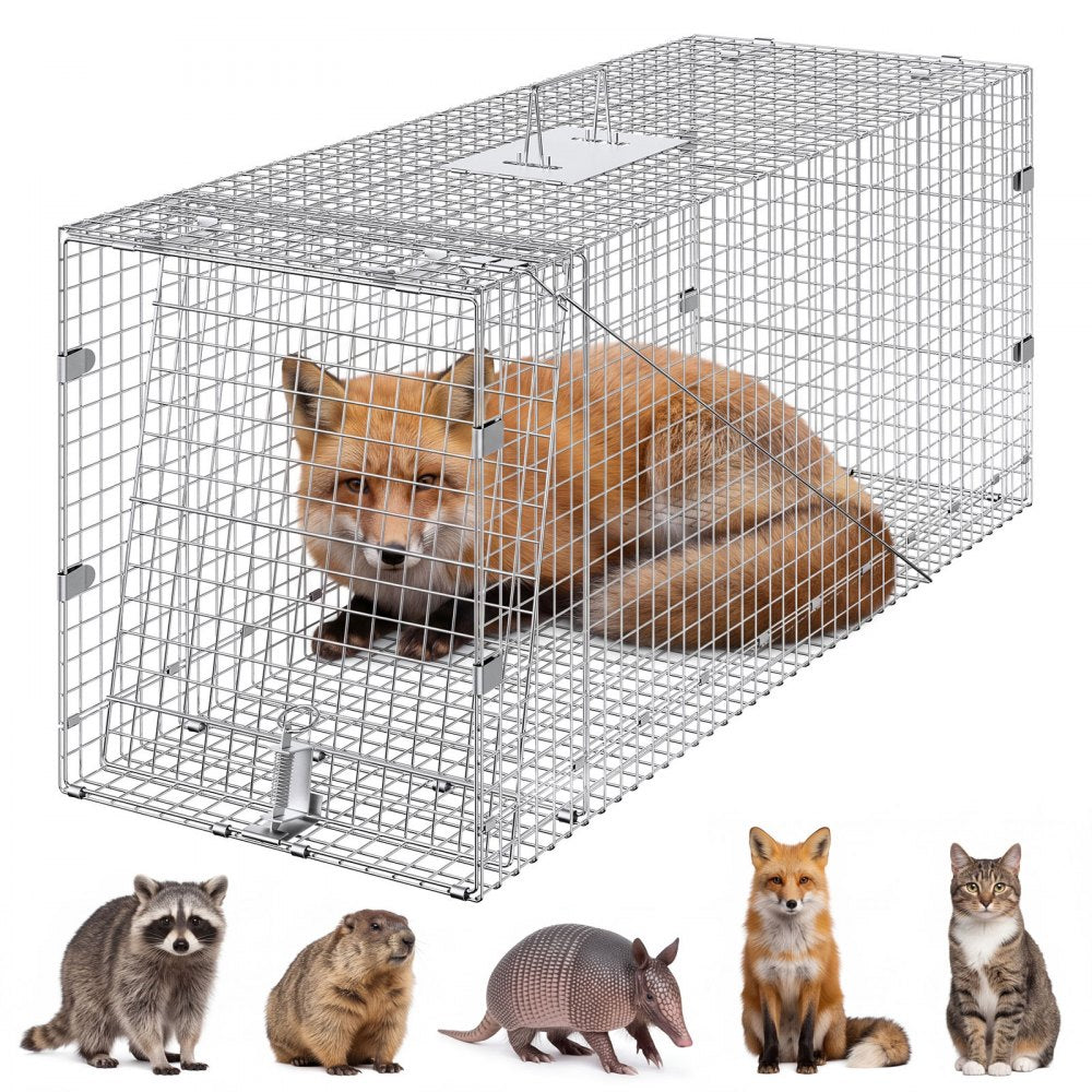 VEVOR Live Animal Cage Trap, 42" x 16" x 18" Humane Cat Trap Galvanized Iron, Folding Animal Trap with Handle for Stray