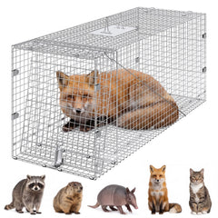 VEVOR Live Animal Cage Trap, 42" x 16" x 18" Humane Cat Trap Galvanized Iron, Folding Animal Trap with Handle for Stray