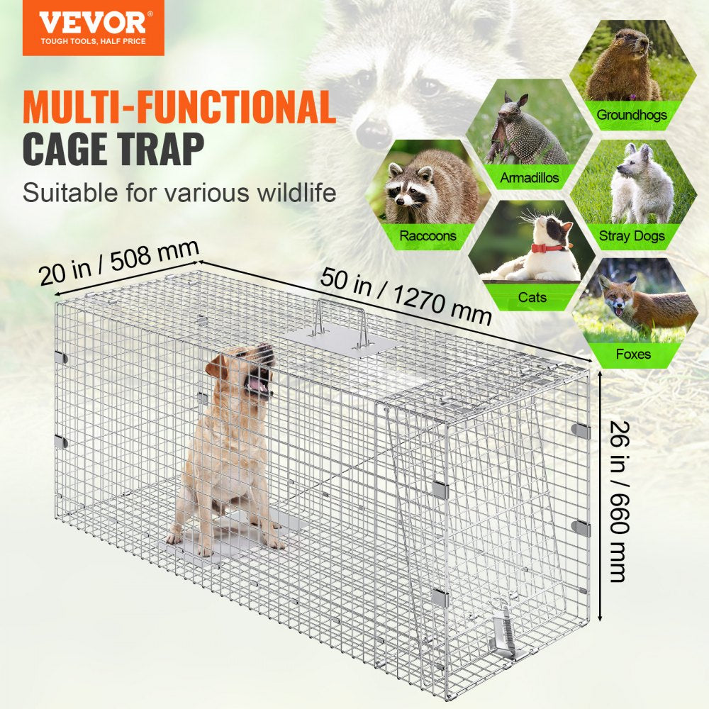 VEVOR Humane Live Animal Trap, Dimensions 50" x 20" x 26", Crafted from Galvanized Iron, Collapsible Design with