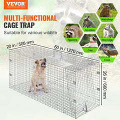 VEVOR Humane Live Animal Trap, Dimensions 50" x 20" x 26", Crafted from Galvanized Iron, Collapsible Design with
