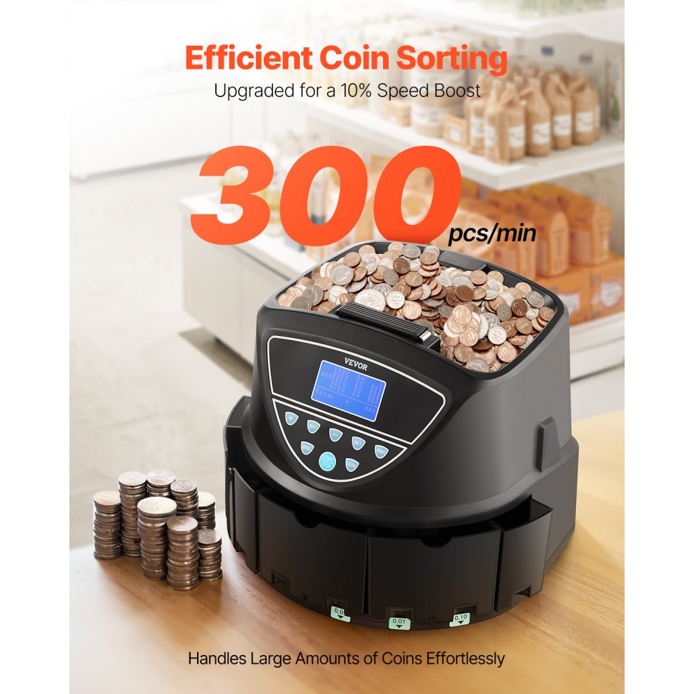 VEVOR USD Coin Sorter, Coin Counter Machine for 5 Kinds of USD Coins, Coin Sorter and Wrapper Machine Holds up to 2000
