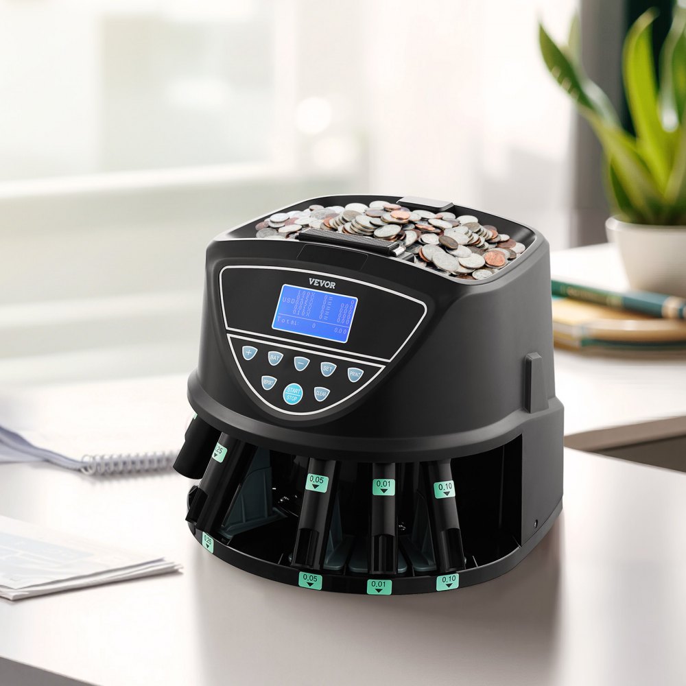 VEVOR USD Coin Sorter, Coin Counter Machine for 5 Kinds of USD Coins, Coin Sorter and Wrapper Machine Holds up to 2000