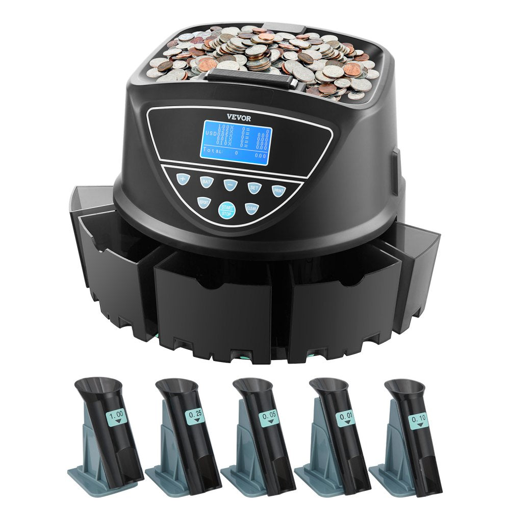 VEVOR USD Coin Sorter, Coin Counter Machine for 5 Kinds of USD Coins, Coin Sorter and Wrapper Machine Holds up to 2000