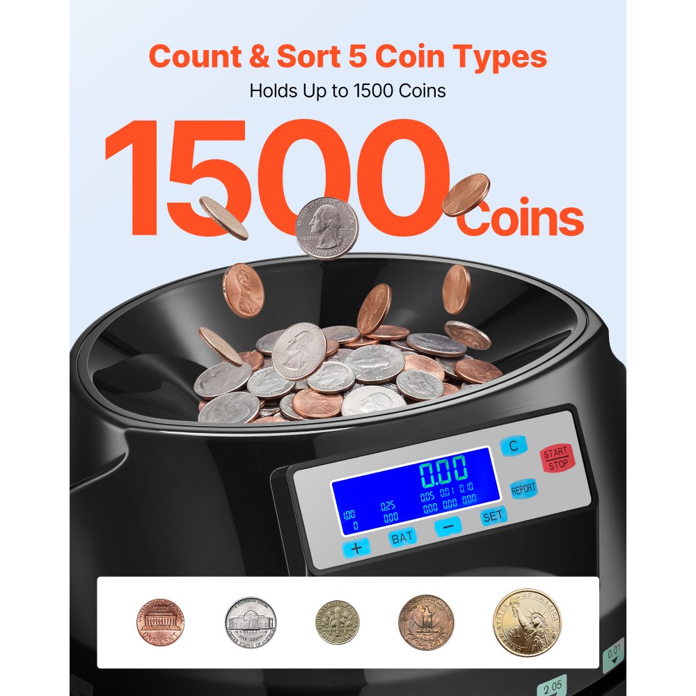 VEVOR Coin Counter Machine, 5 Denominations, Accurate Coin Sorter Machine, Sorts Up to 225 Coins Per Minute, USD Change