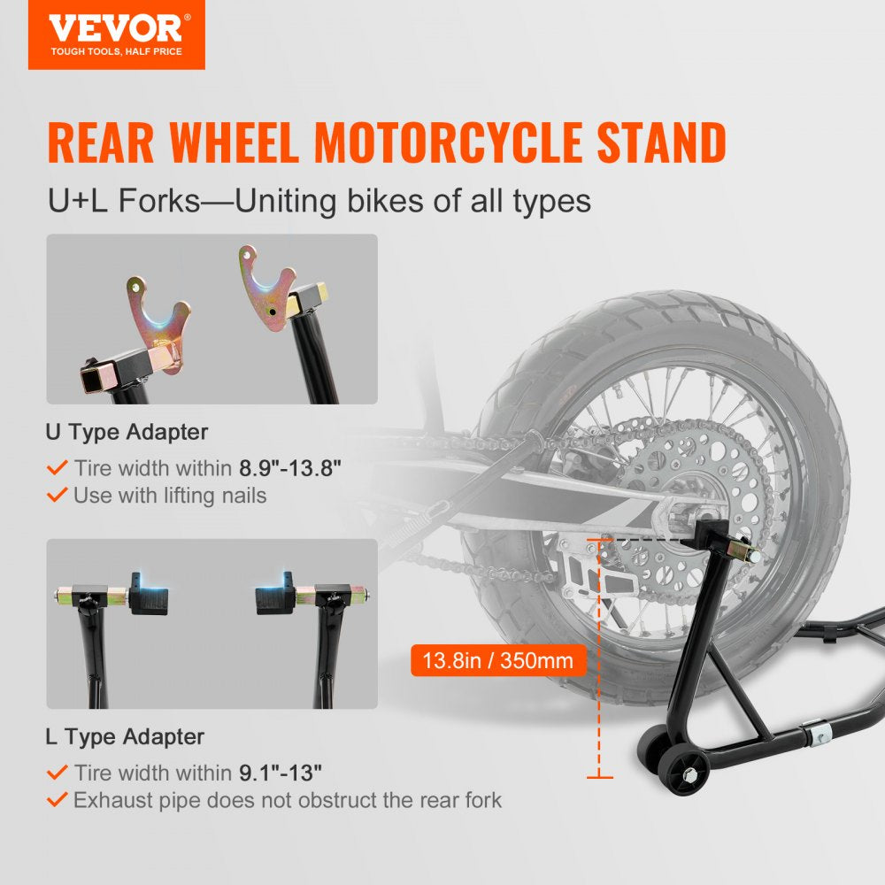 VEVOR Motorcycle Rear Wheel Stand, with U + L Fork Swingarm Spool, 850 lbs Capacity Heavy Duty Rear Wheel Stand