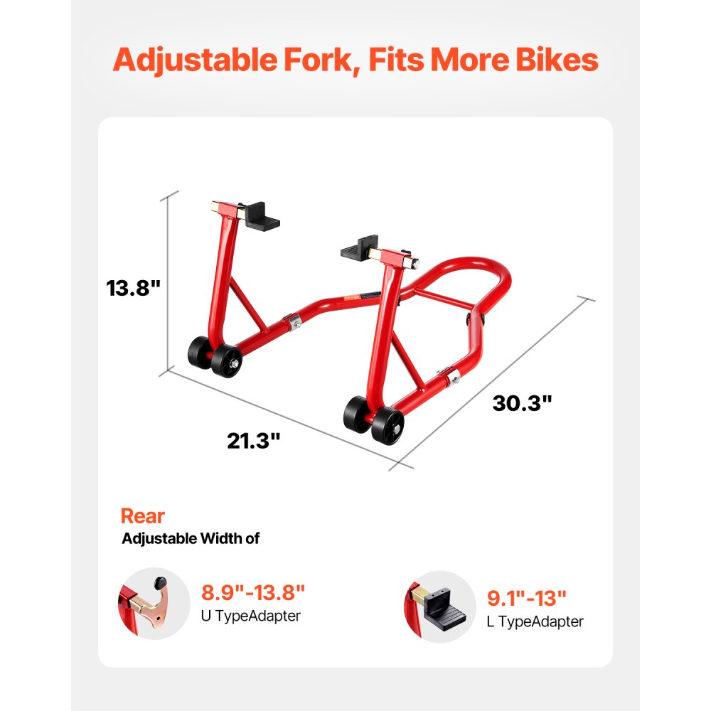 VEVOR Motorcycle Rear Wheel Stand, 850 LBS Load Capacity Heavy Duty Rear Wheel Stand with U + L Fork Swingarm Spool