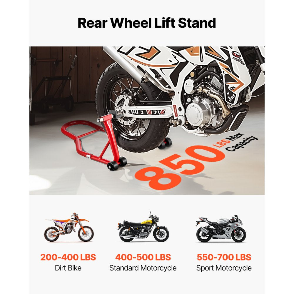 VEVOR Motorcycle Rear Wheel Stand, 850 LBS Load Capacity Heavy Duty Rear Wheel Stand with U + L Fork Swingarm Spool