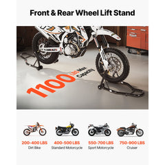 VEVOR Motorcycle Stand Lift, 1100lbs Capacity Front Rear Combo Stand Lift, Front Wheel Dual-Fork Stand, Rear U+L Fork