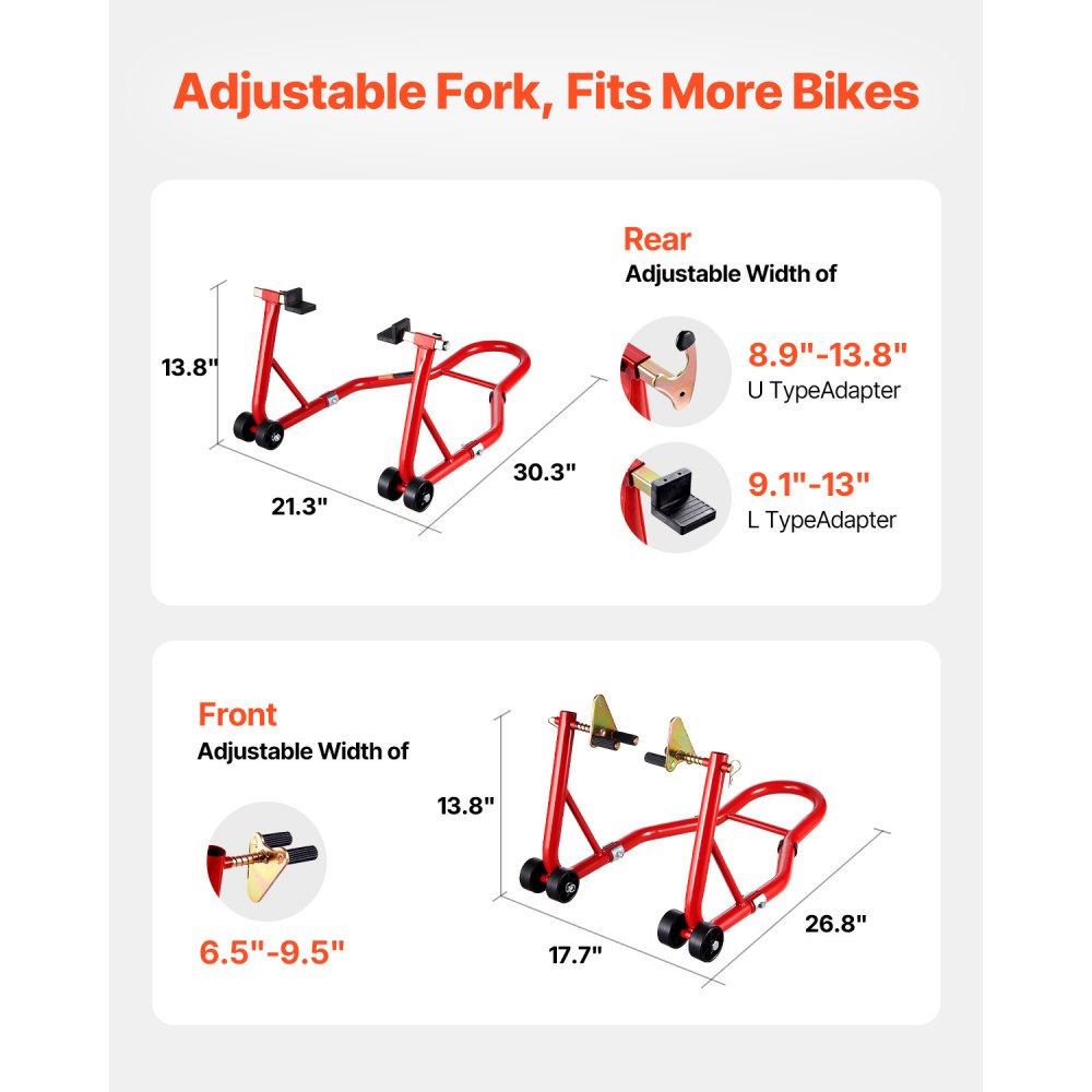 VEVOR Motorcycle Stand Lift, 850lbs Capacity Front Rear Combo Stand Lift, Front Wheel Dual-Fork Stand, Rear U+L Fork