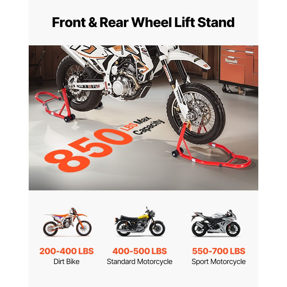VEVOR Motorcycle Stand Lift, 850lbs Capacity Front Rear Combo Stand Lift, Front Wheel Dual-Fork Stand, Rear U+L Fork