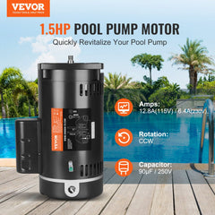 VEVOR 1.5 HP Pool Pump Motor, 56Y Frame, 115V((12.8 Amps))/230V(6.4 Amps) 3450 RPM, 60Hz, 1.1 Service Factor, 90μF/250V