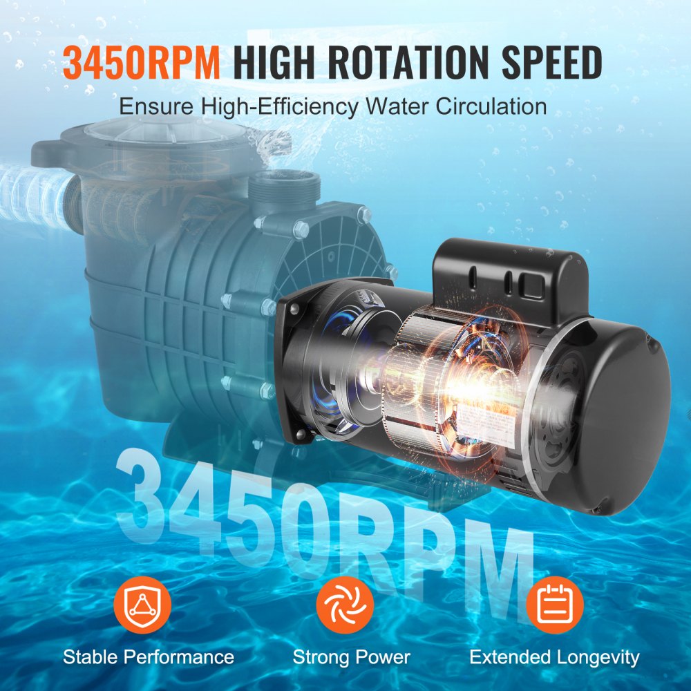 VEVOR 1.5 HP Pool Pump Motor, 56Y Frame, 115V((12.8 Amps))/230V(6.4 Amps) 3450 RPM, 60Hz, 1.1 Service Factor, 90μF/250V