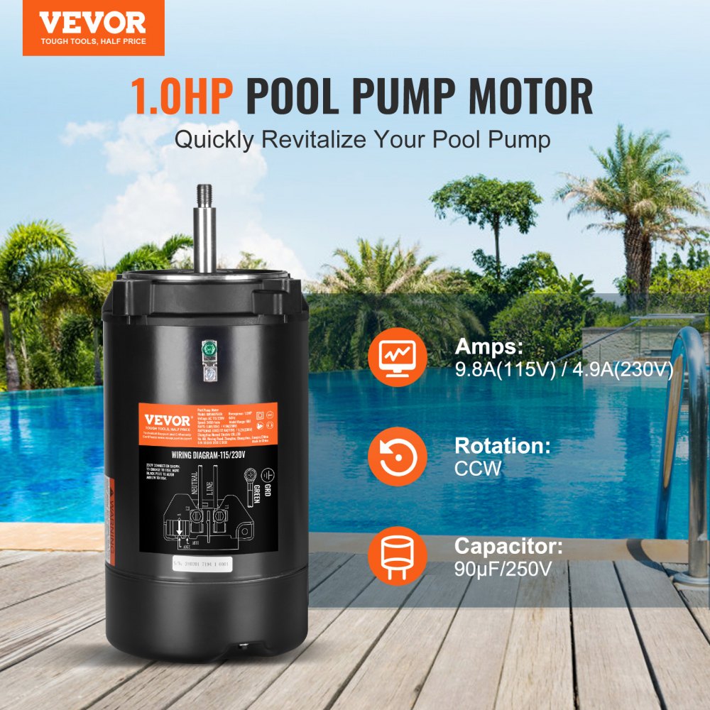VEVOR 1 HP Pool Pump Motor, 56J Frame, 115V(9.8 Amps)/230V(4.9 Amps) 3450 RPM, 60Hz, 1.4 Service Factor, 90μF/250V