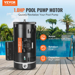 VEVOR 1 HP Pool Pump Motor, 56Y Frame, 115V(9 Amps)/230V(4.5 Amps) 3450RPM, 60Hz, 1.25 Service Factor, 90μF/250V