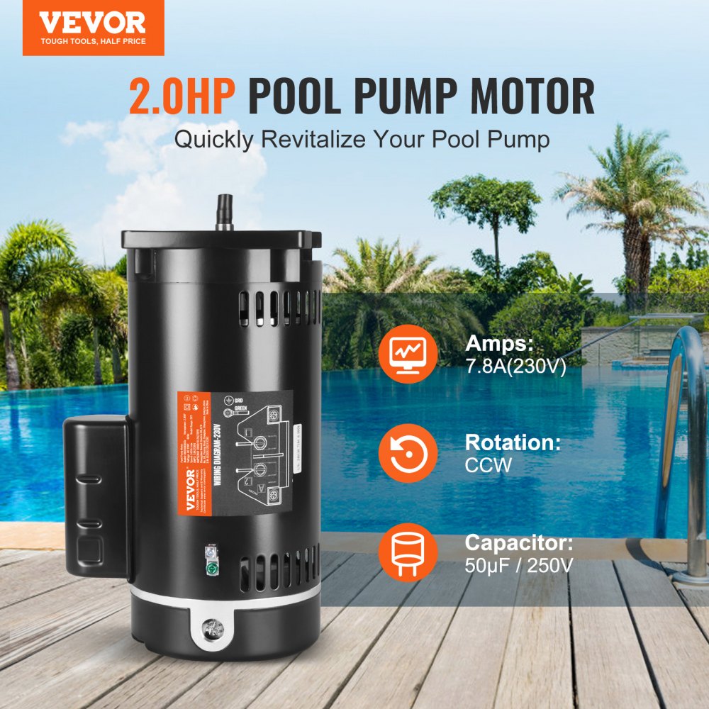 VEVOR 2 HP Pool Pump Motor, 56Y Frame, 230V (7.8 Amps) 3450 RPM, 60Hz, 1.3 Service Factor, 50μF/250V Capacitor, CCW