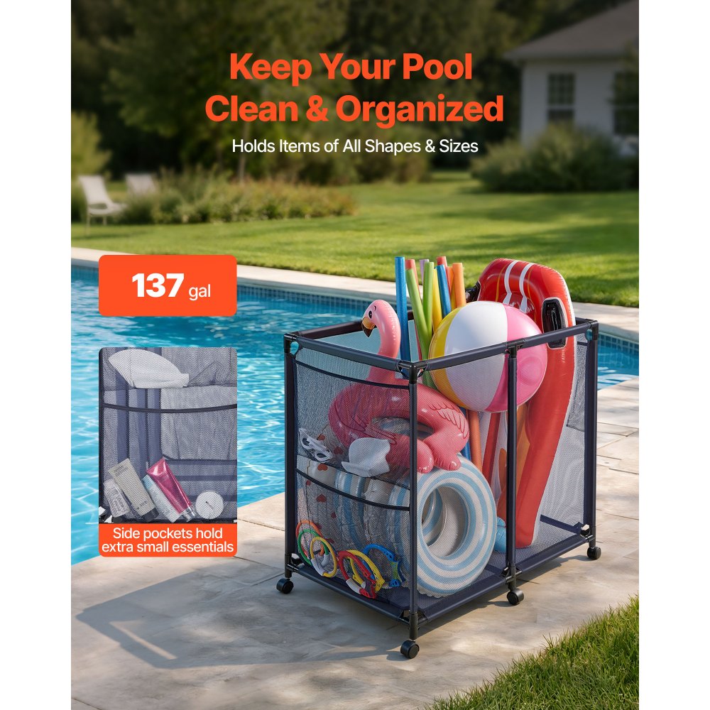 VEVOR Pool Storage Bin, 36.8 x 24 x 35.6 in, Rolling Pool Float Storage Organizer with Side Pockets & Casters, Heavy