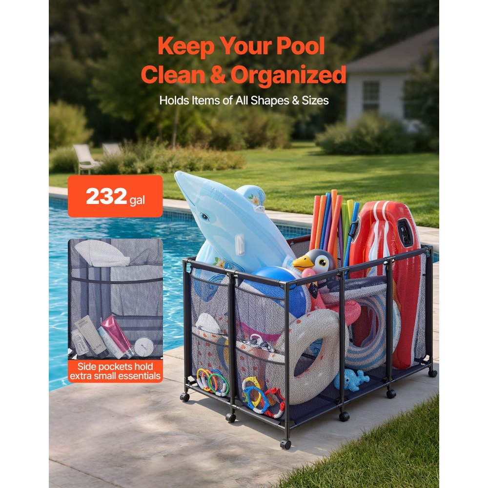 VEVOR Pool Storage Bin, 48.8 x 32.7 x 32.7 in, Rolling Pool Float Storage Organizer with Side Pockets & Casters, Heavy