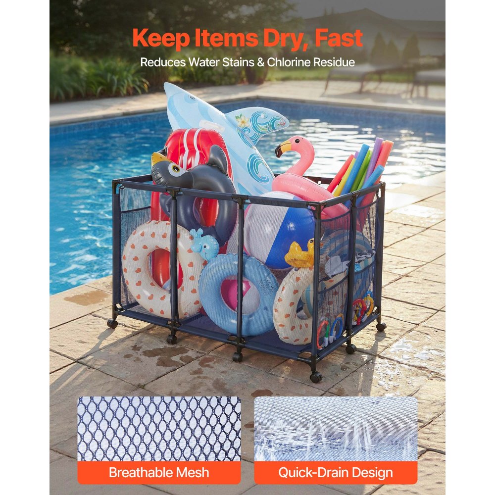 VEVOR Pool Storage Bin, 48.8 x 32.7 x 32.7 in, Rolling Pool Float Storage Organizer with Side Pockets & Casters, Heavy