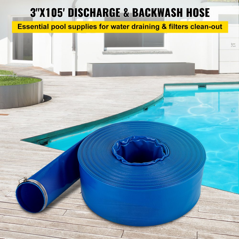 VEVOR Discharge Hose, 3" x 105', PVC Lay Flat Hose, Heavy Duty Backwash Drain Hose with Clamps, Weather-proof &