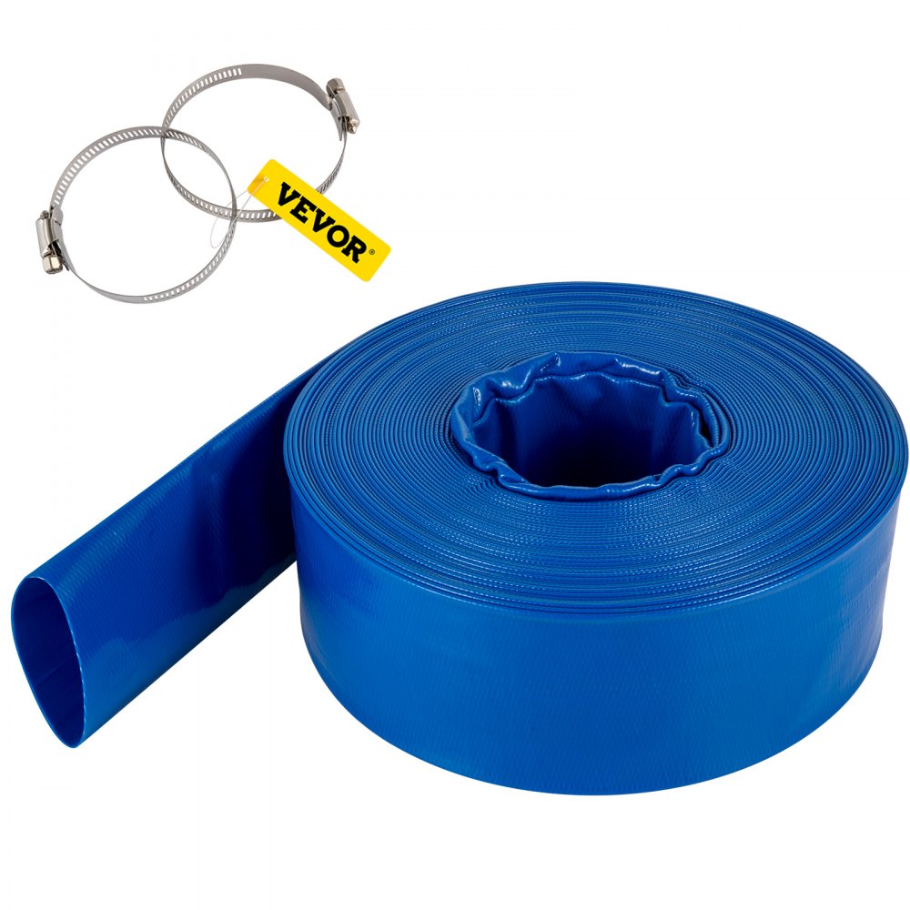 VEVOR Discharge Hose, 4" x 105', PVC Lay Flat Hose, Heavy Duty Backwash Drain Hose with Clamps, Weather-proof &