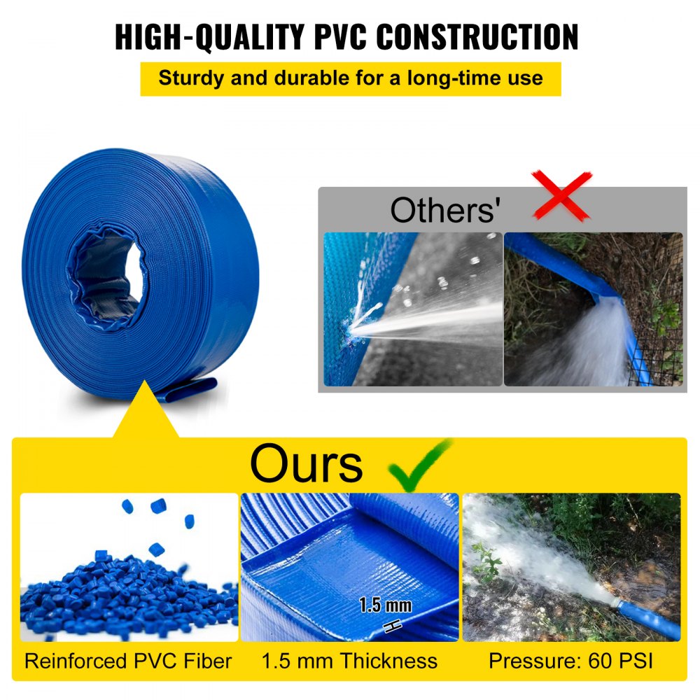 VEVOR Discharge Hose, 1-1/2" x 100', PVC Fabric Lay Flat Hose, Heavy Duty Backwash Drain Hose with Clamps