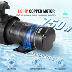 VEVOR Above Ground Pool Pump, 1HP, 80 GPM Max. Flow Single Speed Swimming Pool Pump, 120V 3450 RPM 36 ft Max. Head Lift