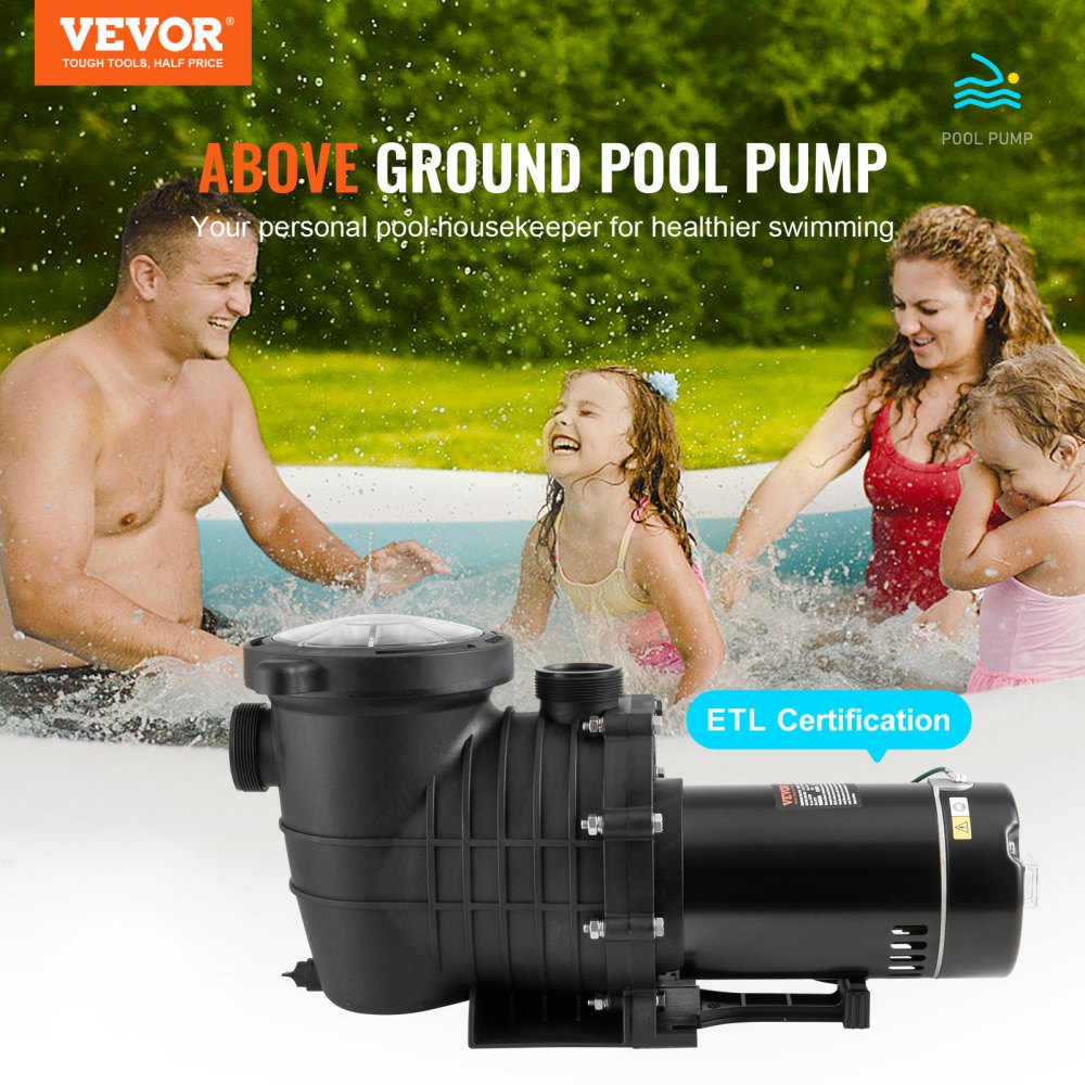 VEVOR Above Ground Pool Pump, 1HP, 80 GPM Max. Flow Single Speed Swimming Pool Pump, 110V/240V 3450RPM 34.4ft Max. Head