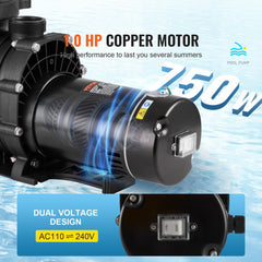 VEVOR Above Ground Pool Pump, 1HP, 80 GPM Max. Flow Single Speed Swimming Pool Pump, 110V/240V 3450RPM 34.4ft Max. Head