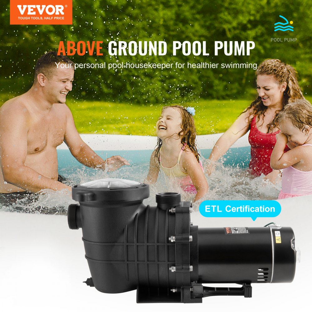 VEVOR Above Ground Pool Pump, 1.5 HP, 100 GPM Single Speed Swimming Pool Pump, 110V/240V 3450 RPM 50.9 ft Max Head Pool