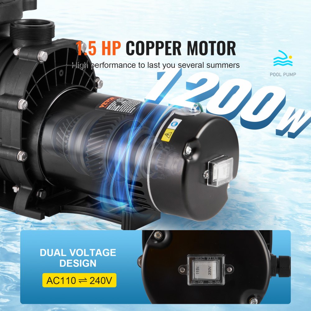 VEVOR Above Ground Pool Pump, 1.5 HP, 100 GPM Single Speed Swimming Pool Pump, 110V/240V 3450 RPM 50.9 ft Max Head Pool