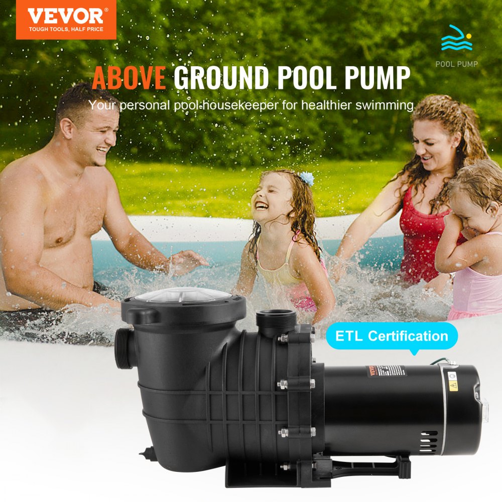 VEVOR Above Ground Pool Pump, 2 HP, 110 GPM Max Flow Single Speed Swimming Pool Pump, 110V/240V 3450 RPM 59 ft Max Head