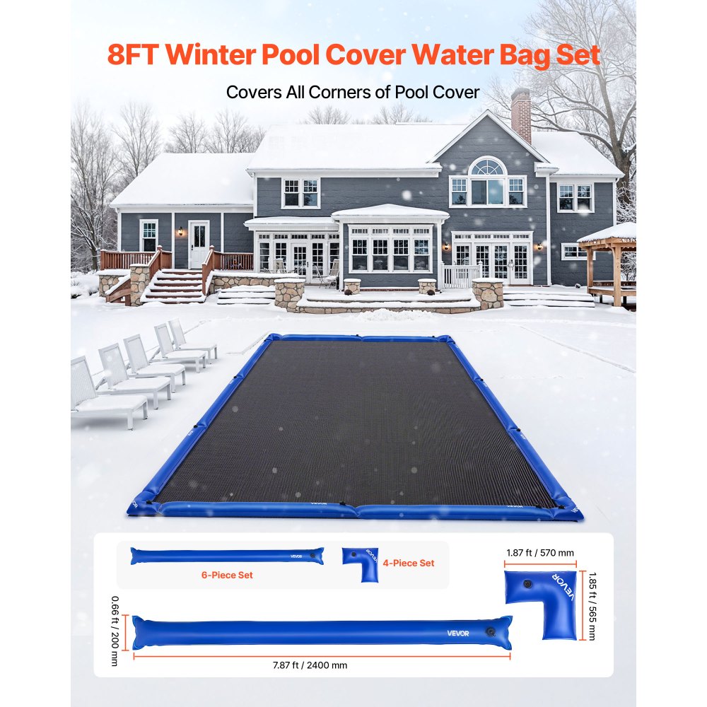 VEVOR Pool Cover Water Bags Set, 6 Packs 8 Ft Single Chamber Pool Cover Water Bags & 4 Corner Tubes, 0.4mm Thick PVC