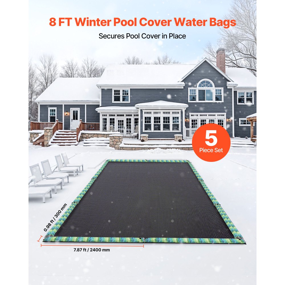 VEVOR Pool Cover Water Bags, 5 Packs 8 Ft, Double Chamber Pool Cover Water Tubes with Reflective Strips, 0.3mm Thick